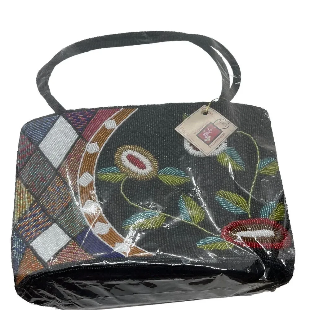 Beaded Purse Satchel Handbag Vintage Floral New with Tags Black Multicolor Retro